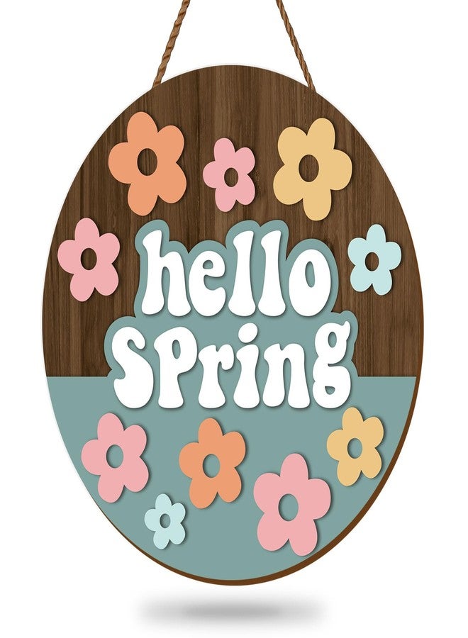 Whaline Hello Spring Wooden Hanging Sign Retro Boho Flower Wreath Sign Farmhouse Rustic Floral Door Hanger Sign for Indoor Outdoor Home Porch Window Decor - Image 1