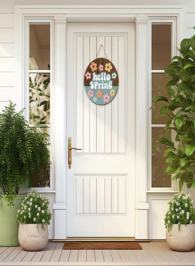 Whaline Hello Spring Wooden Hanging Sign Retro Boho Flower Wreath Sign Farmhouse Rustic Floral Door Hanger Sign for Indoor Outdoor Home Porch Window Decor - Image 3