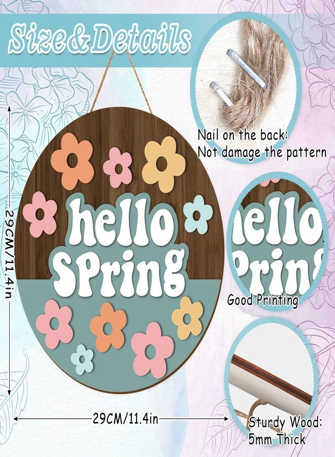 Whaline Hello Spring Wooden Hanging Sign Retro Boho Flower Wreath Sign Farmhouse Rustic Floral Door Hanger Sign for Indoor Outdoor Home Porch Window Decor - Image 2