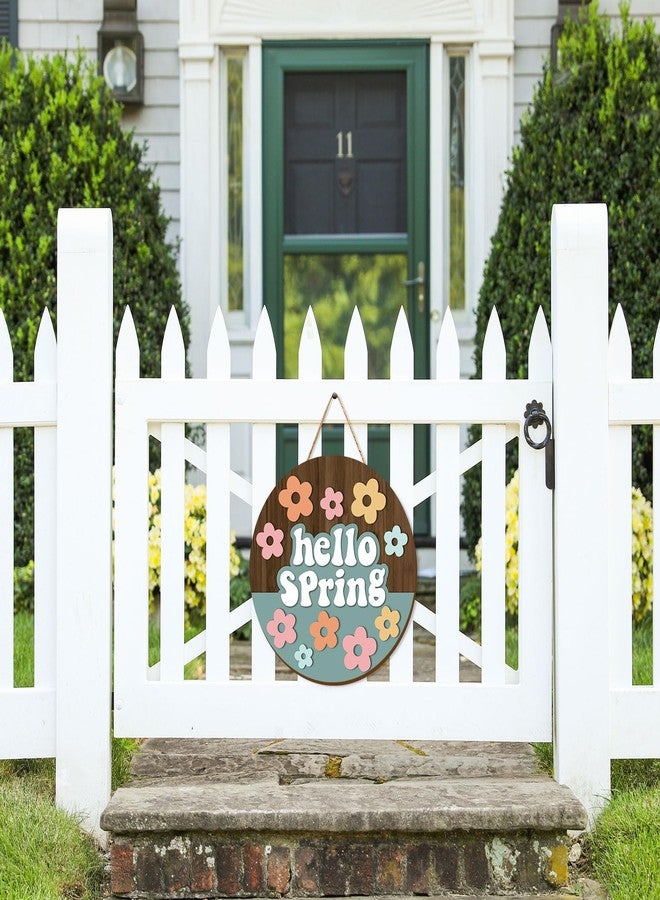 Whaline Hello Spring Wooden Hanging Sign Retro Boho Flower Wreath Sign Farmhouse Rustic Floral Door Hanger Sign for Indoor Outdoor Home Porch Window Decor - Image 4