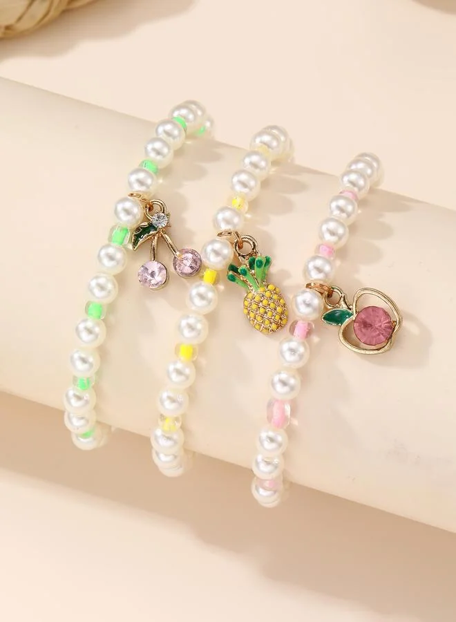 Pack of 3 - Girls Multi-Color Fruit Charm Pearl Bracelets