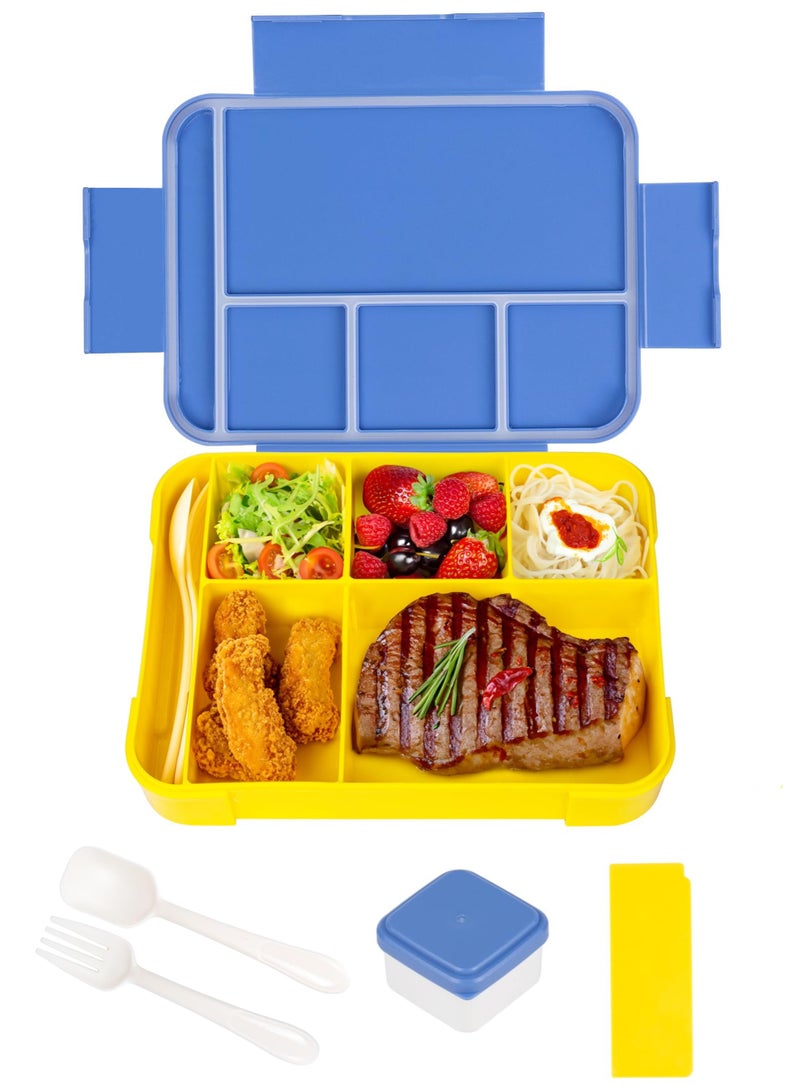 sokany Bento Lunch Box for Kids, 1330ML Bento Box Adult Lunch Box with 6 Compartment, Leakproof Snack Boxes with Utensil Sauce Dressing Containers, Reusable Meal and Snack Packing Box (Blue/Yellow)  - Image 1