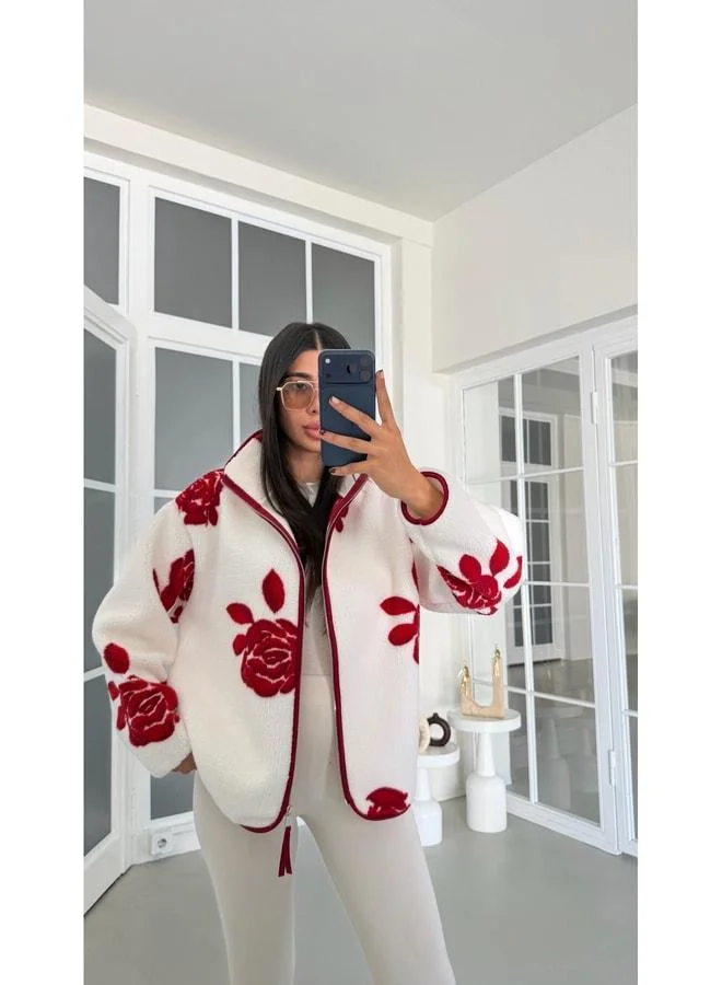 Gaus  Red Rose Pattern Zip-Up Fleece Sweatshirt GAUS-01916. for Women | Best Price UAE