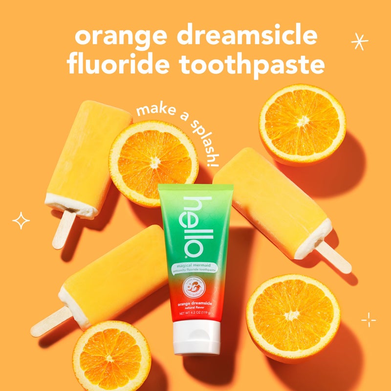 Hello Magical Mermaid Kids Toothpaste with Fluoride, Orange Dreamsicle Flavor Toothpaste for Kids, Safe for Ages 2 and Up, Helps Prevent Cavities, Strengthen Enamel, Polish Teeth, 3 Pack, 4.2 Oz Each - Image 4