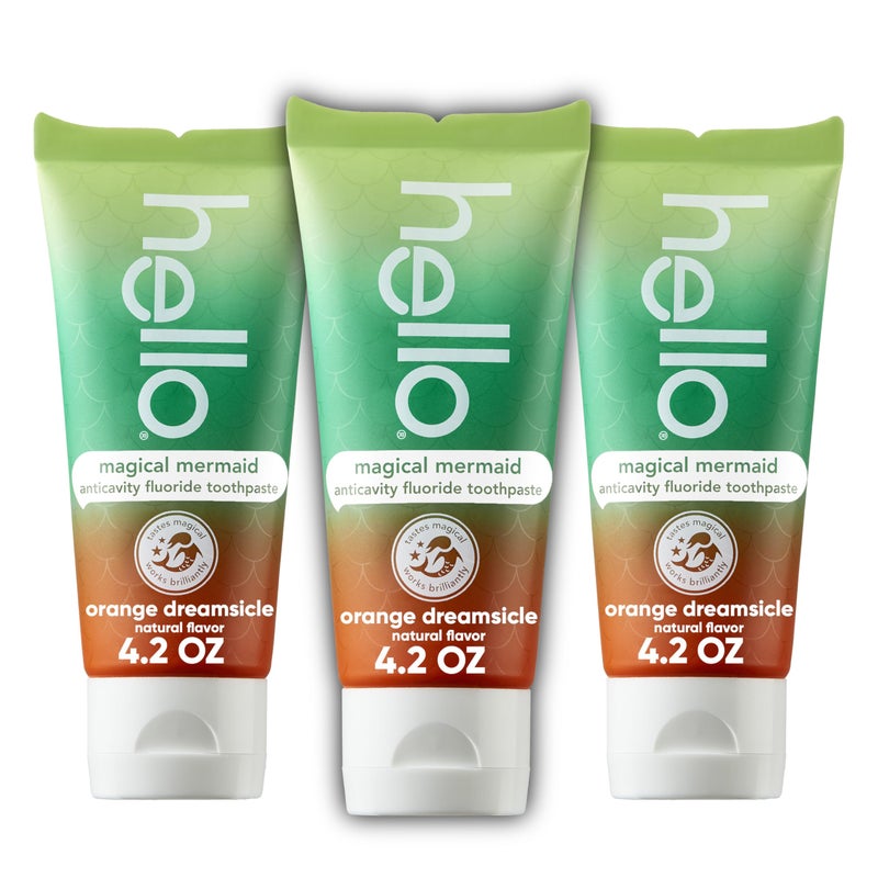 Hello Magical Mermaid Kids Toothpaste with Fluoride, Orange Dreamsicle Flavor Toothpaste for Kids, Safe for Ages 2 and Up, Helps Prevent Cavities, Strengthen Enamel, Polish Teeth, 3 Pack, 4.2 Oz Each - Image 1