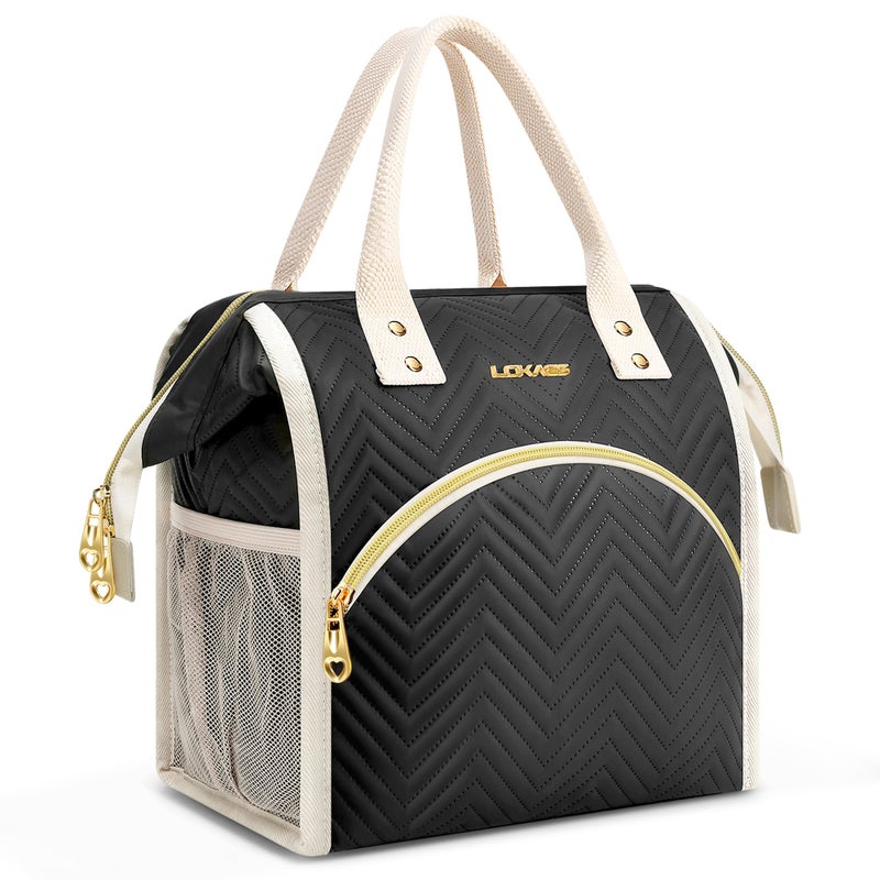 LOKASS Lunch Bag Women Insulated Lunch Box WideOpen Lunch Tote Bag Large Drinks Holder Durable Nylon Thermal Snacks Organizer for Men Adults Work Picnic Hiking Beach Fishing Black Wavy - Image 2