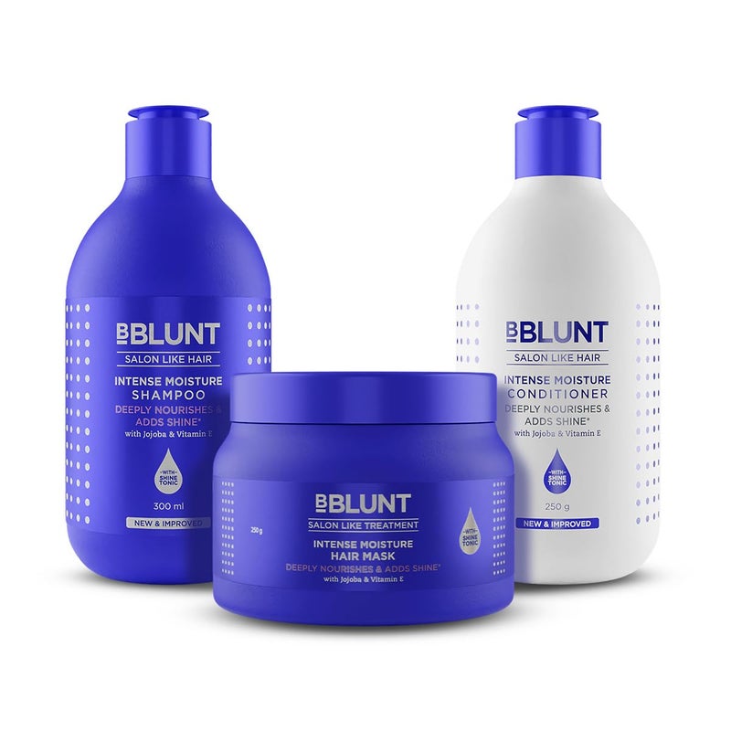 Bblunt Intense Moisture Hair Combo  Shampoo  Conditioner  Hair Mask  Moisturizes  Hydrates  Deeply Nourishes  Adds SalonLike Shine  For Men  Women  300 ml  250 g  250 g - Image 1