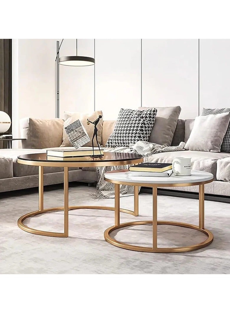 DubaiGallery طاولات جانبية دائرية، مجموعة من 2 طاولة قهوة دائرية أنيقة مع قوام رخام وإطار معدني - مثالية للمساحات الصغيرة والديكور العصري - Image 3