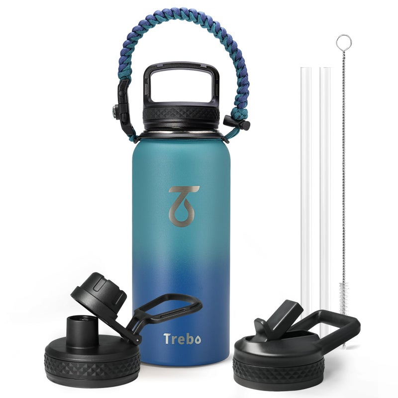 Trebo 32 oz Water Bottle Insulated with Paracord Handle and Straw Vacuum Double Wall Stainless Steel Water Jug Keep Cold 48 Hours  Water Flask with 3 Lids for Men Sports  Travel - Image 1