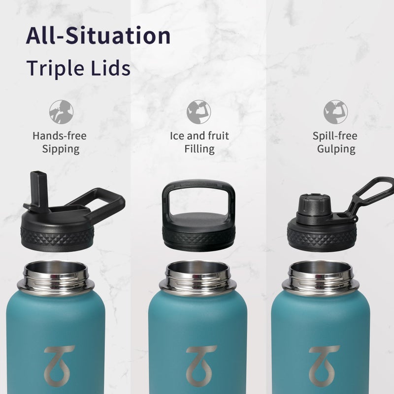 Trebo 32 oz Water Bottle Insulated with Paracord Handle and Straw Vacuum Double Wall Stainless Steel Water Jug Keep Cold 48 Hours  Water Flask with 3 Lids for Men Sports  Travel - Image 3