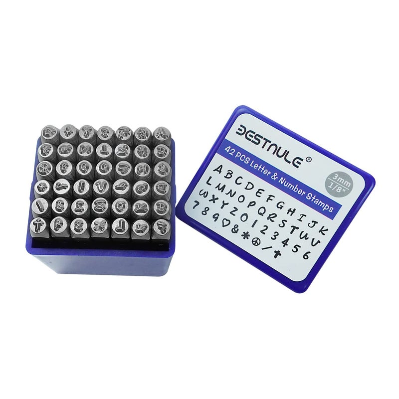 BESTNULE 42PCS Metal Stamping Kit, Number and Letter Stamp Set (A-Z, 0-9 and&,Love Symbol), Industrial Grade Hardened Carbon Steel, Perfect for Imprinting Metal, Wood,Leather (1/8", 3MM) - Image 1