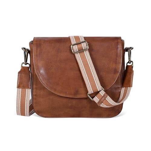 Ozora Genuine Leather Shoulder Crossbody Purse For Women with Adjustable Strap, Mobile Pocket & Outside & Inside Zipper (Tan Web) - Image 1