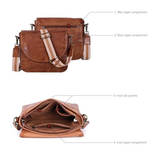 Ozora Genuine Leather Shoulder Crossbody Purse For Women with Adjustable Strap, Mobile Pocket & Outside & Inside Zipper (Tan Web) - Image 3