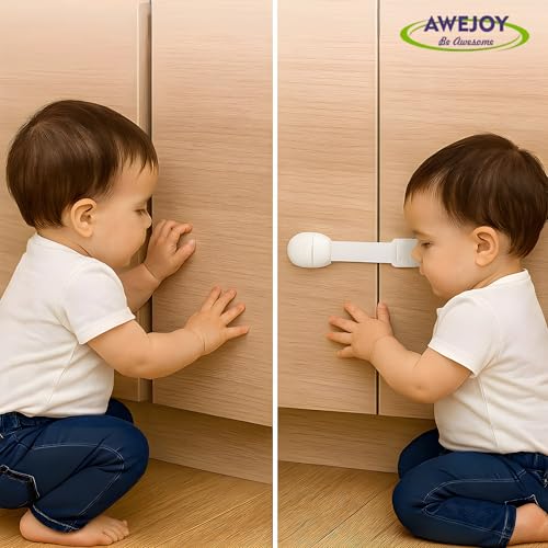AWEJOY Baby Safety Cabinet Locks – Pack of 10 Childproof Locks with Strong 3M Adhesive Backing for Drawers, Cabinets, Fridge & Cupboards | Durable Nylon Strap, No-Drill Baby Proofing Locks (White) - Image 5