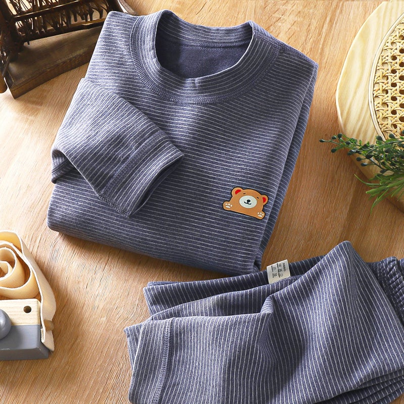 Children''s Boneless German Velvet Mid-High Collar New Autumn Clothes and Long Trousers Set for Men and Women Stripesd Thickeneded Thermal Intimates Set - Image 1