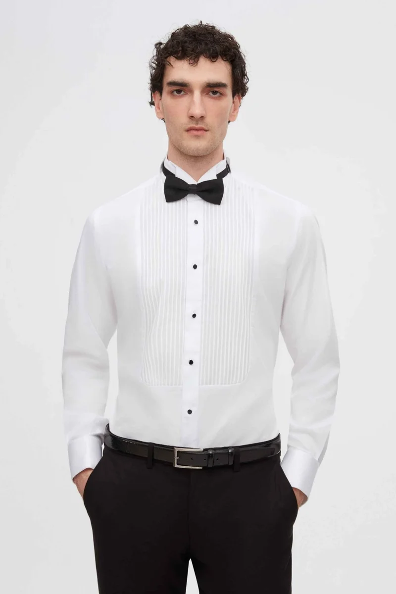 دي أس دامات D'S Groom Slim Fit White Plain Cotton Satin Double Cuffed Ata Collar Tuxedo Shirt 2HSS2DY05213M