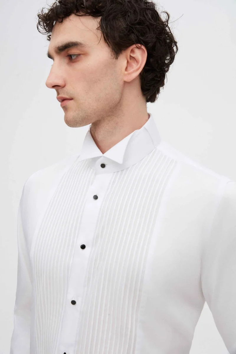 دي أس دامات D'S Groom Slim Fit White Plain Cotton Satin Double Cuffed Ata Collar Tuxedo Shirt 2HSS2DY05213M