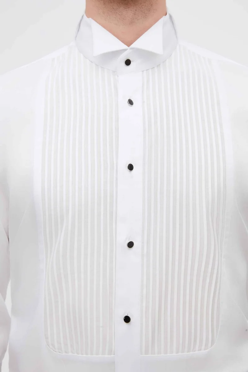 دي أس دامات D'S Groom Slim Fit White Plain Cotton Satin Double Cuffed Ata Collar Tuxedo Shirt 2HSS2DY05213M