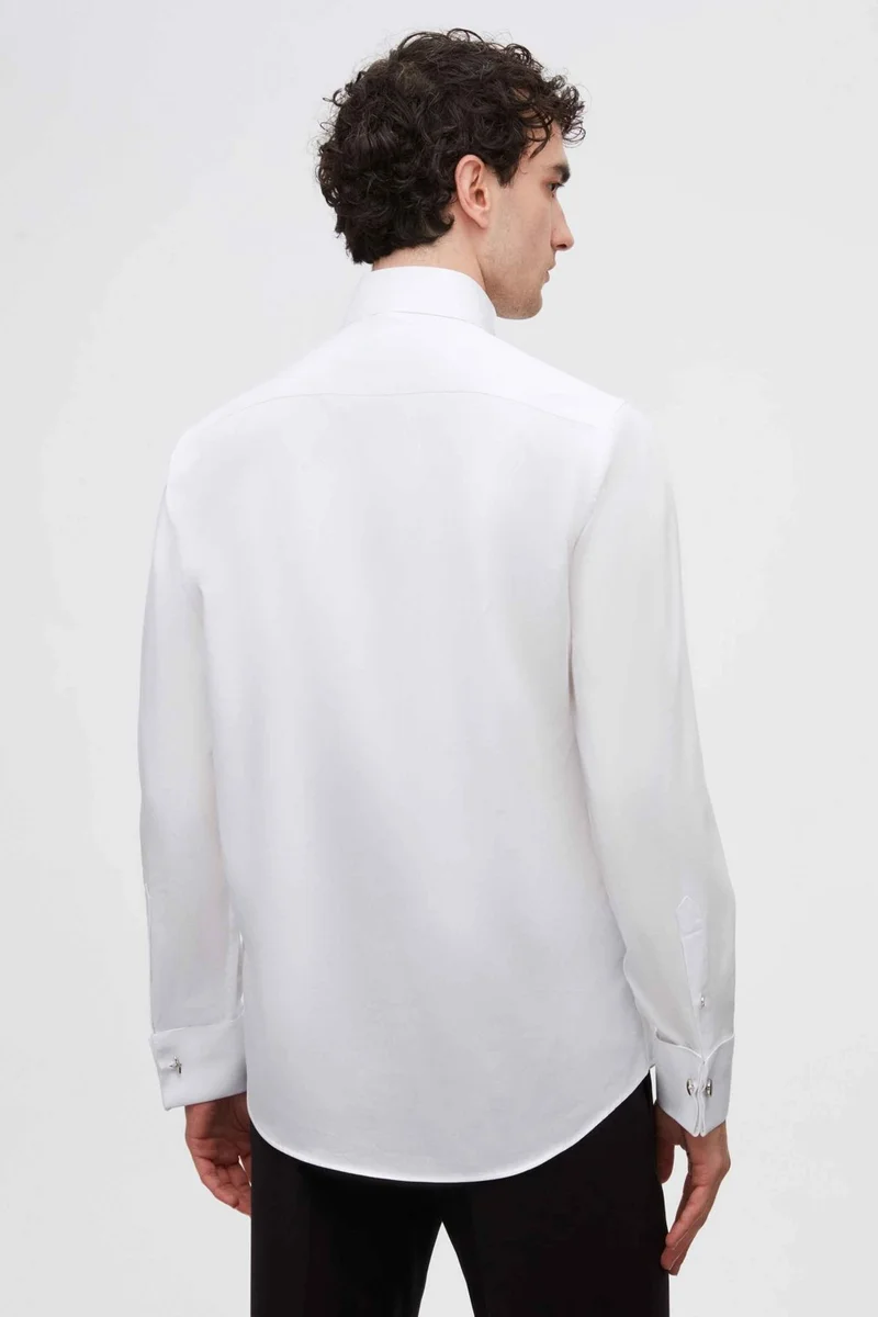 دي أس دامات D'S Groom Slim Fit White Plain Cotton Satin Double Cuffed Ata Collar Tuxedo Shirt 2HSS2DY05213M