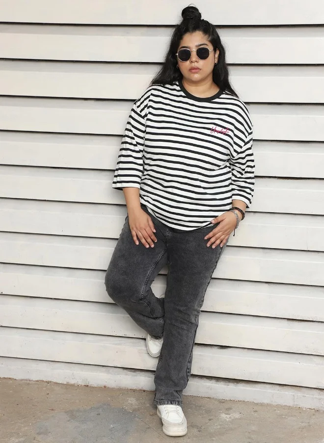 HIGH STAR Women's Black 100% Cotton Striped Plus Size Oversized T-Shirt