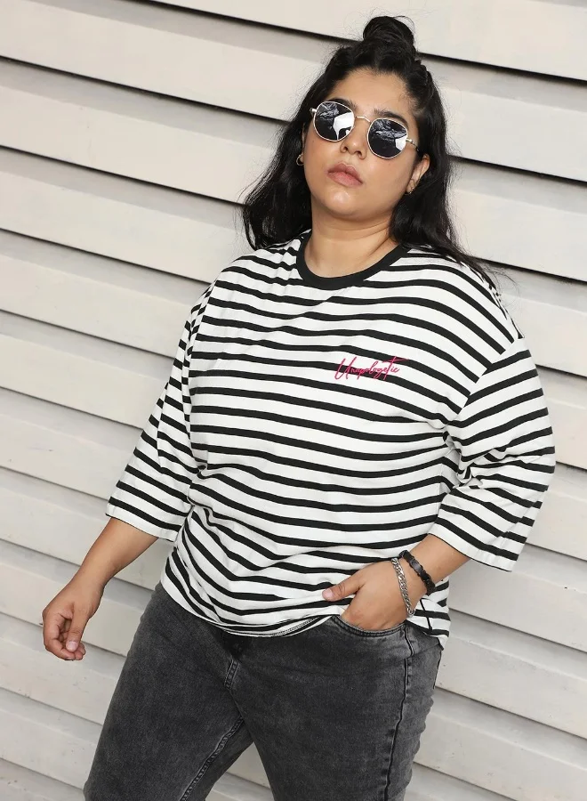 HIGH STAR Women's Black 100% Cotton Striped Plus Size Oversized T-Shirt
