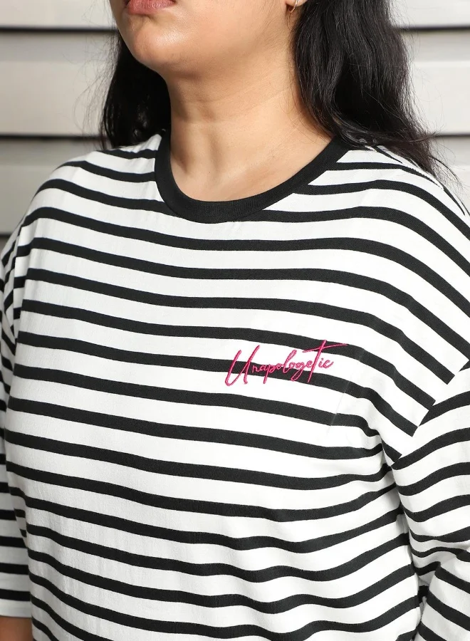 HIGH STAR Women's Black 100% Cotton Striped Plus Size Oversized T-Shirt