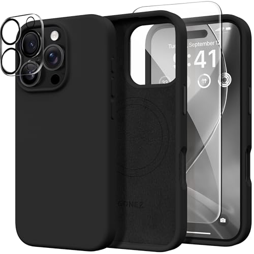 GONEZ Magnetic for iPhone 16 Pro Max Case, Compatible with MagSafe, Liquid Silicone Case, with Screen Protector + Camera Protector, Full Body Protective Shockproof Phone Cover 6.9", Black - Image 1