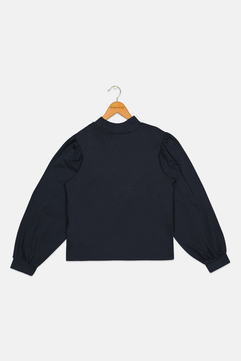 Tchibo Kids Girl High Neck Long Sleeve Plain Top, Dark Navy Blue - Image 2