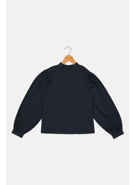 Tchibo Kids Girl High Neck Long Sleeve Plain Top, Dark Navy Blue  - Image 1