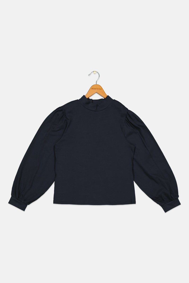 Tchibo Kids Girl High Neck Long Sleeve Plain Top, Dark Navy Blue - Image 1