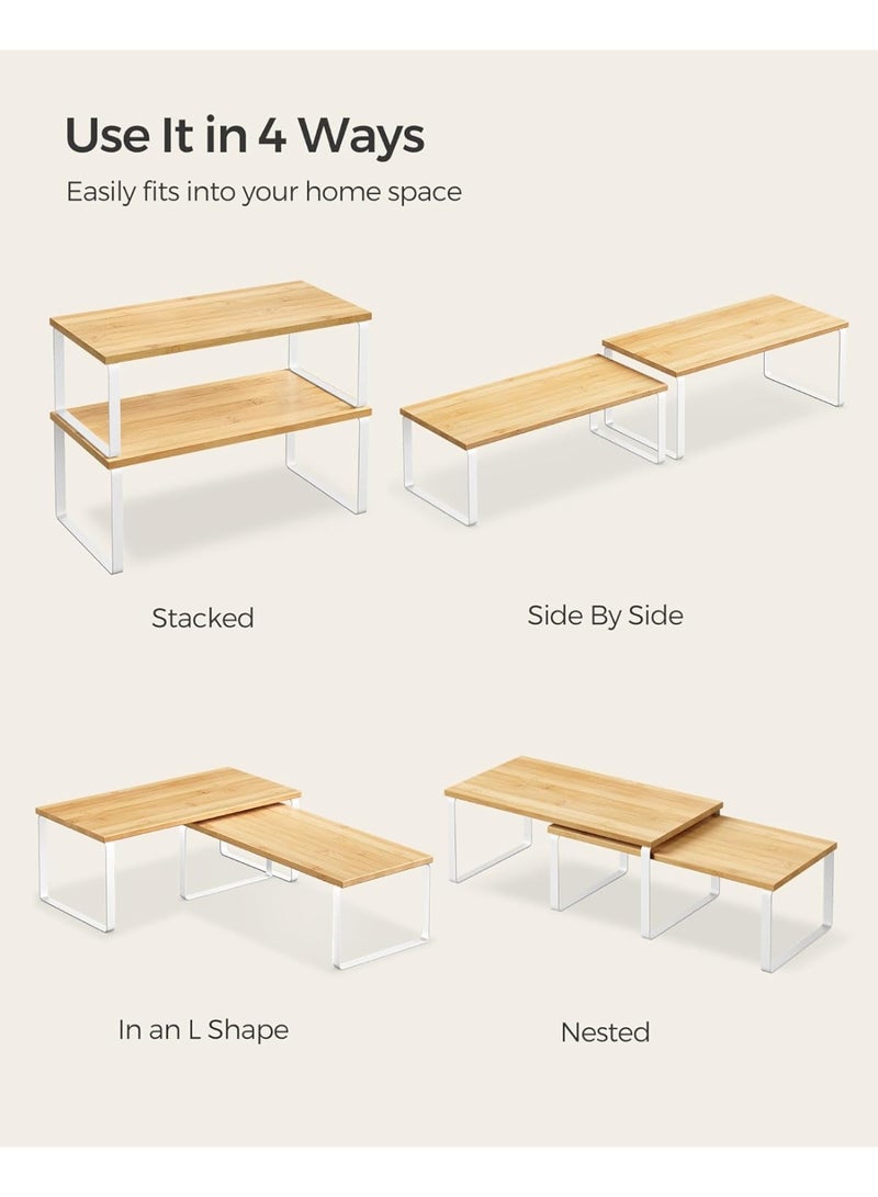 White and Natural Wood Finish Kitchen Storage Rack, 2-Piece Countertop Shelving Unit, Kitchen Storage Shelf, Spice Rack, Stackable and Extendable, Metal and MDF Construction - Image 5