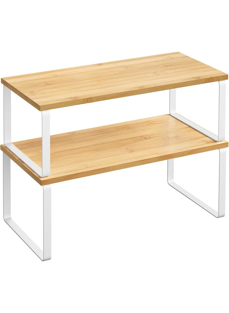 White and Natural Wood Finish Kitchen Storage Rack, 2-Piece Countertop Shelving Unit, Kitchen Storage Shelf, Spice Rack, Stackable and Extendable, Metal and MDF Construction - Image 1