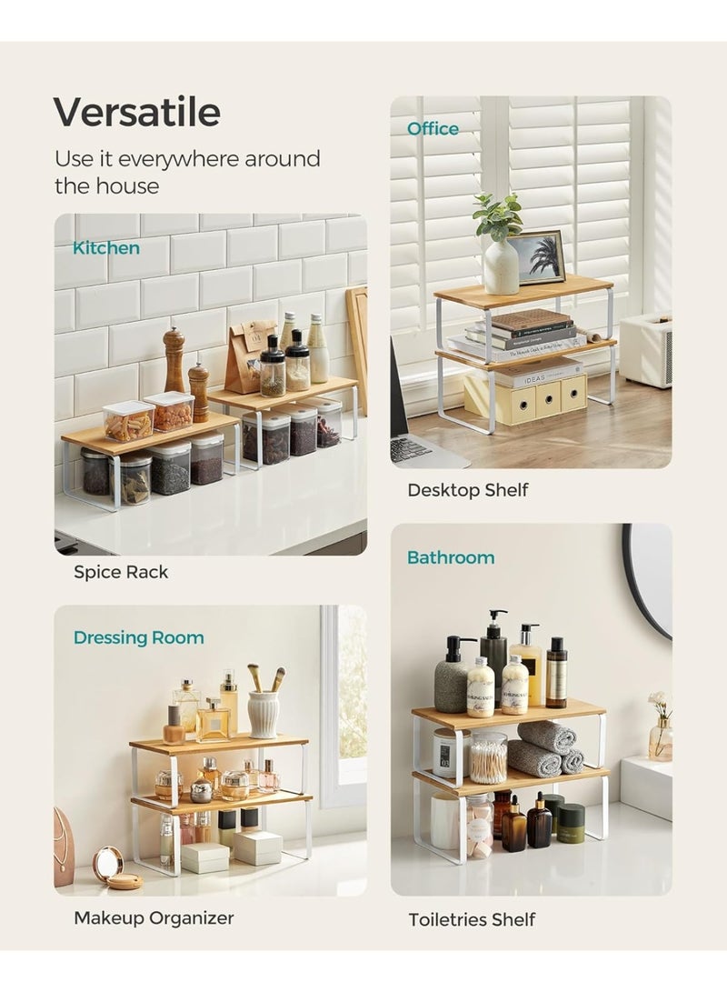 White and Natural Wood Finish Kitchen Storage Rack, 2-Piece Countertop Shelving Unit, Kitchen Storage Shelf, Spice Rack, Stackable and Extendable, Metal and MDF Construction - Image 4