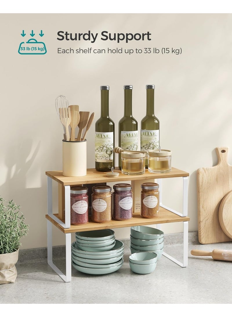 White and Natural Wood Finish Kitchen Storage Rack, 2-Piece Countertop Shelving Unit, Kitchen Storage Shelf, Spice Rack, Stackable and Extendable, Metal and MDF Construction - Image 3