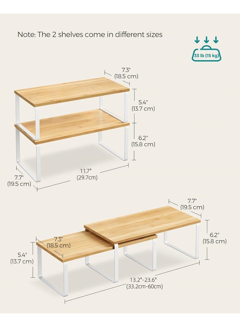 White and Natural Wood Finish Kitchen Storage Rack, 2-Piece Countertop Shelving Unit, Kitchen Storage Shelf, Spice Rack, Stackable and Extendable, Metal and MDF Construction - Image 3
