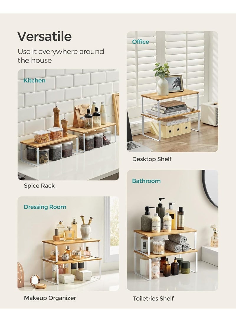 White and Natural Wood Finish Kitchen Storage Rack, 2-Piece Countertop Shelving Unit, Kitchen Storage Shelf, Spice Rack, Stackable and Extendable, Metal and MDF Construction - Image 5