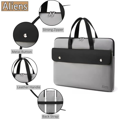 Aliens 14.1" Premium Vegan Leather Laptop Sleeve/Case Cover Bag, Padded Laptop Compartment Office Handbag for MacBook air/pro, Dell, Lenovo, Acer, Asus, Notebook, Tablet, ipad-Grey - Image 2