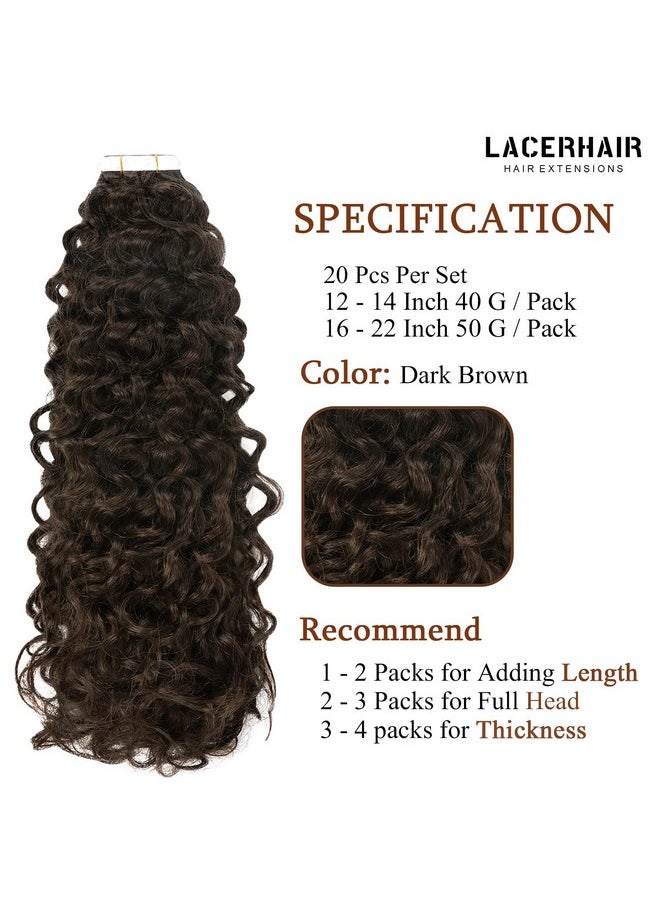 Lacer - Hair Jerry Curly Human Hair Tape Ins 16 Inch Kinky Curly Hair Tape In Extensions Adhesive Hair 3B 3C Curly Tape In Human Hair Extensions For Black Women 2 Dark Brown 20Pcs 50G - Image 1