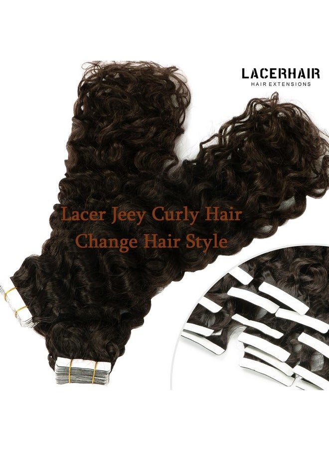 Lacer - Hair Jerry Curly Human Hair Tape Ins 16 Inch Kinky Curly Hair Tape In Extensions Adhesive Hair 3B 3C Curly Tape In Human Hair Extensions For Black Women 2 Dark Brown 20Pcs 50G - Image 1