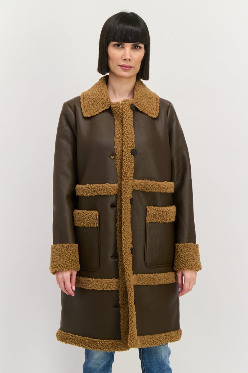 Bearpaw Women Faux Fur Shearling Coat Jacket, Brown - Image 1