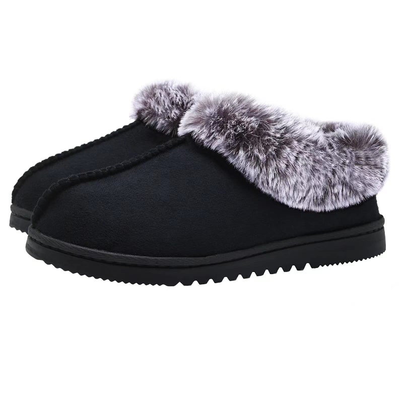 UBXRIN Womens Fuzzy Memory Foam Slippers Boots Cozy Faux Fur House Shoes Indoor Outdoor Rubber Sole Anti-Skid,Black US7-8 - Image 1