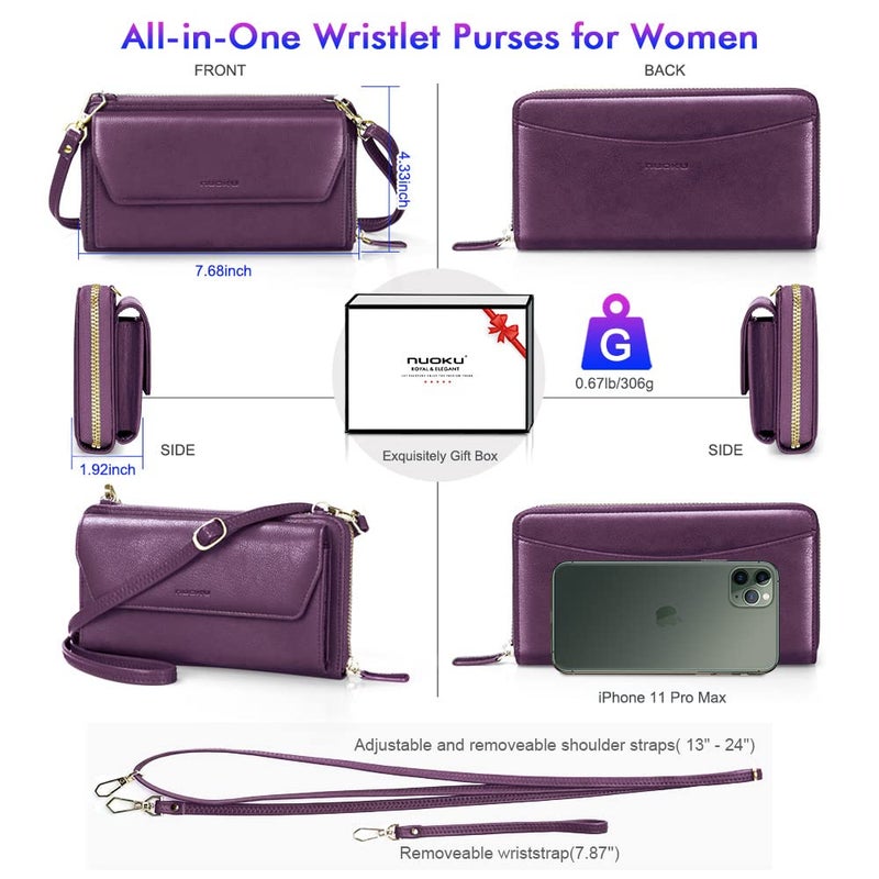nuoku Womens RFID Wallet Purse Wristlet Crossbody Clutch with Zip Around 2 Strap - Image 4