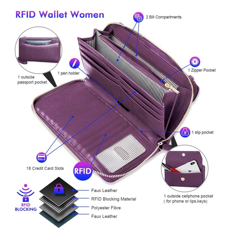 nuoku Womens RFID Wallet Purse Wristlet Crossbody Clutch with Zip Around 2 Strap - Image 3