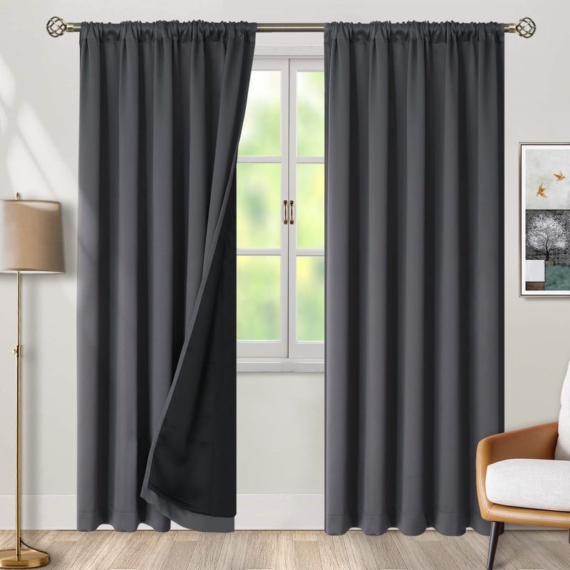 BGment 100% Blackout 80 Inch Curtains with Thermal Insulation Liner  52 x 80 Inch Rod Pocket and Back Tab Double Layer Room Darkening Window Treatment Curtain for Living Room (2 Panels  Dark Grey) - Image 2