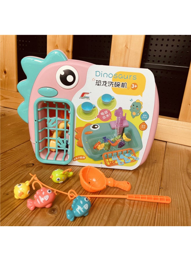 Products Children's Dishwasher Toy Dinosaur Vegetable Washing Basin Recycling Water Fishing Tableware Play-house Toy-Color:Green - Image 5