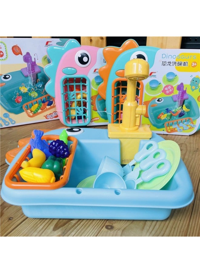 Products Children's Dishwasher Toy Dinosaur Vegetable Washing Basin Recycling Water Fishing Tableware Play-house Toy-Color:Green - Image 3