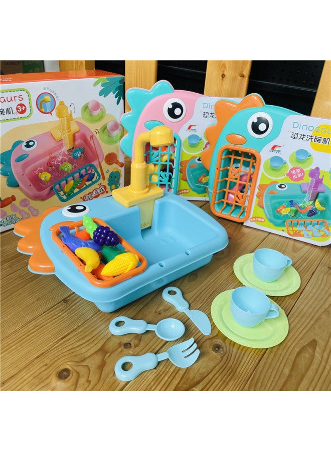 Products Children's Dishwasher Toy Dinosaur Vegetable Washing Basin Recycling Water Fishing Tableware Play-house Toy-Color:Green - Image 2