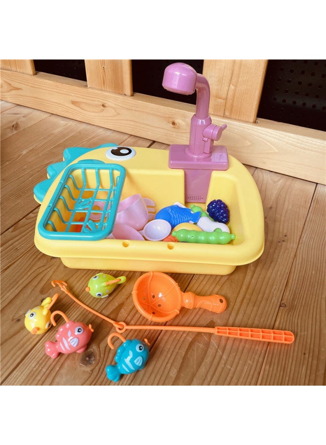 Products Children's Dishwasher Toy Dinosaur Vegetable Washing Basin Recycling Water Fishing Tableware Play-house Toy-Color:Green - Image 4
