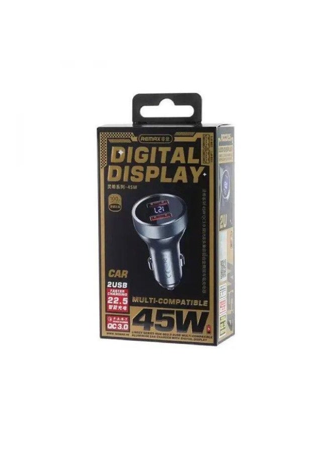 REMAX 45W Fast Car Charger with Digital Display, 2 Output  USB , Smart Protection & Quick Charge Technology – Durable Metal Design Compatible with 12V/24V Vehicles for Phones & Tablets - Image 3