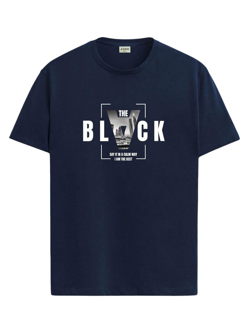 ADRO Men's Regular Fit T-Shirt - Bold Block Vision BLVCK Design in Navy Blue - Image 1